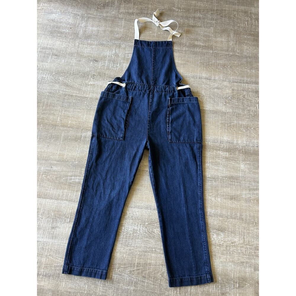 Free People Heavyweight Denim Halter Open Back Wide Leg Jumpsuit Small RARE